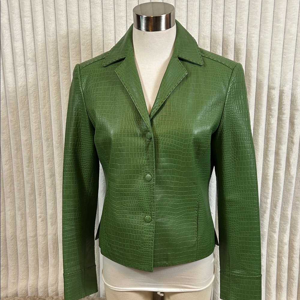 Vintage Barry Bricken leather green reptile textured blazer jacket XS